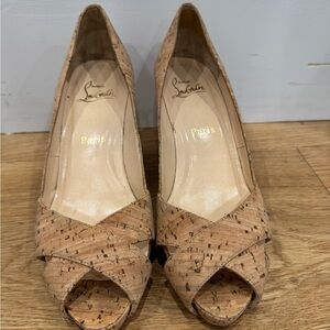 Christian Louboutin Tan Cork Peep-Toe Women's Shoes